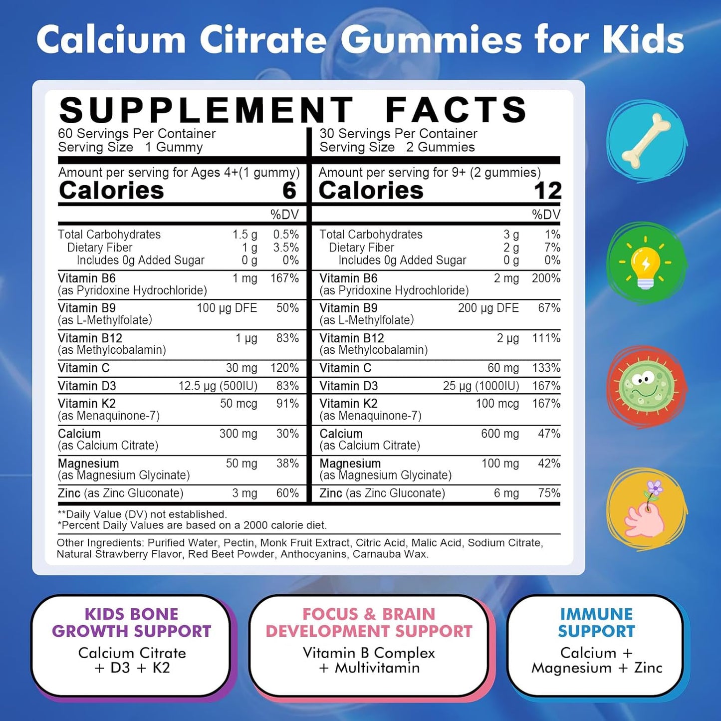 Kids Calcium Citrate Gummies with Vitamin D3 Supplement, Calcium Citrate 300/600 mg with Magnesium Zinc & Multivitamin for Kids 4+ & Teens, Support Bone Muscle & Digestive Health, Sugar Free, 60ct