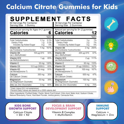 Kids Calcium Citrate Gummies with Vitamin D3 Supplement, Calcium Citrate 300/600 mg with Magnesium Zinc & Multivitamin for Kids 4+ & Teens, Support Bone Muscle & Digestive Health, Sugar Free, 60ct