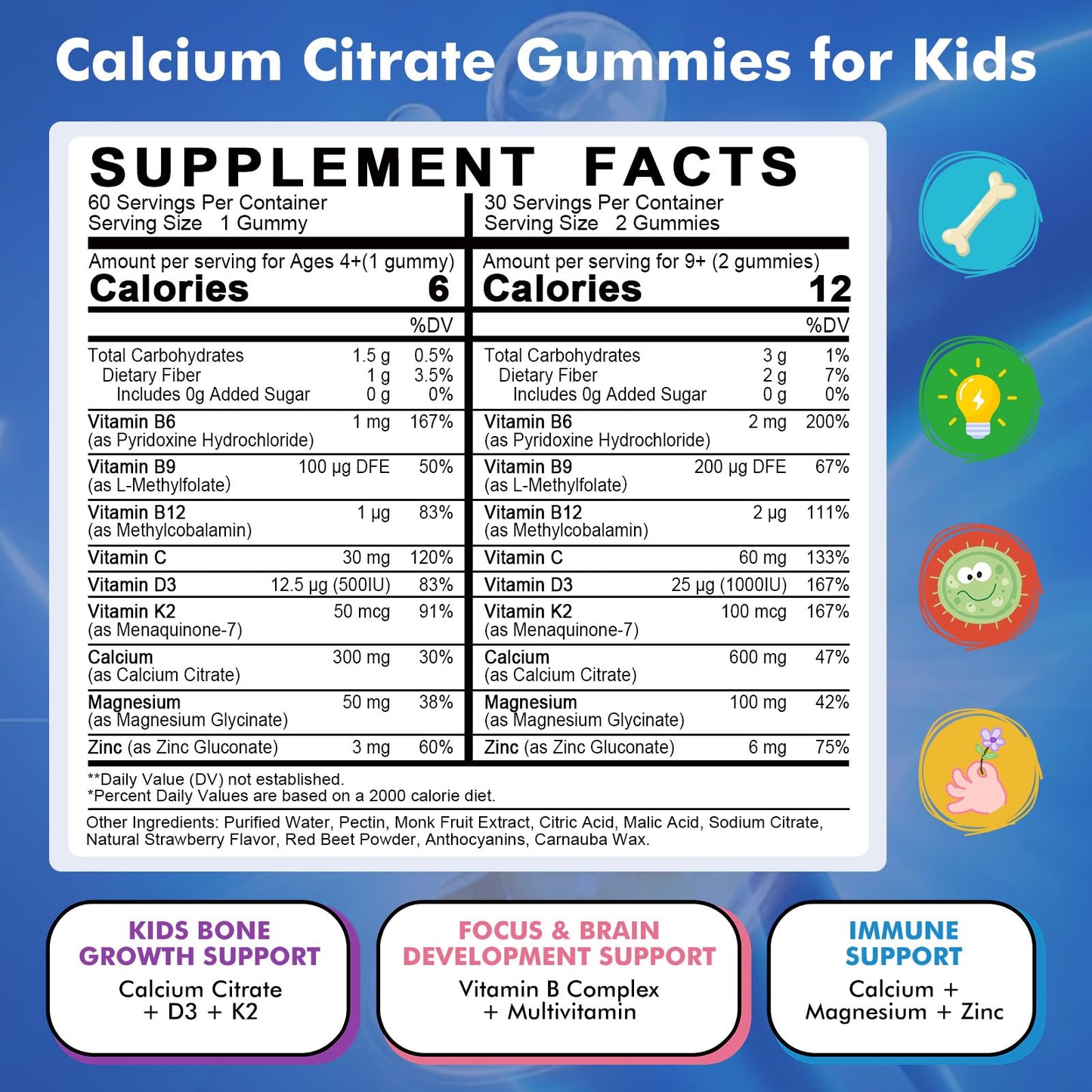 Kids Calcium Citrate Gummies with Vitamin D3 Supplement, Calcium Citrate 300/600 mg with Magnesium Zinc & Multivitamin for Kids 4+ & Teens, Support Bone Muscle & Digestive Health, Sugar Free, 60ct