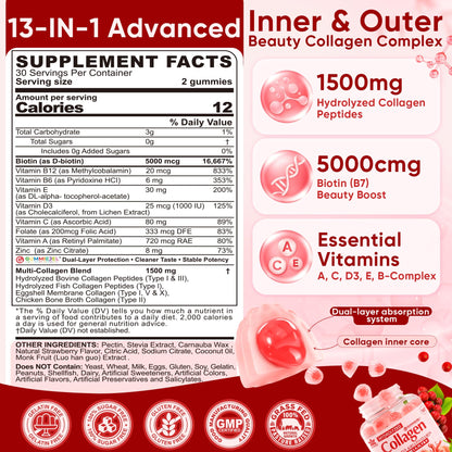 Collagen Peptide Gummies for Women & Men Sugar-Free, Multi Collagen Hydrolyzed w/ 1500mg Protein Type I,II,III,V,X, 5000mcg Biotin, Methylated B12, Vitamin C A E D3 B6 for Skin Hair Nails, Bone, 60Cts
