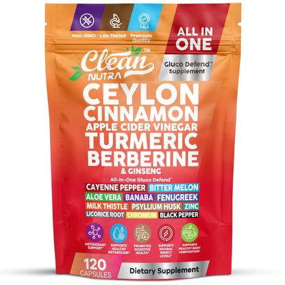 Clean Nutraceuticals Ceylon Cinnamon Capsules + Berberine Turmeric Apple Cider Vinegar Ginseng Bitter Melon (Karela) Gymnema Milk Thistle Fenugreek Supplement Pills Powder for Men & Women