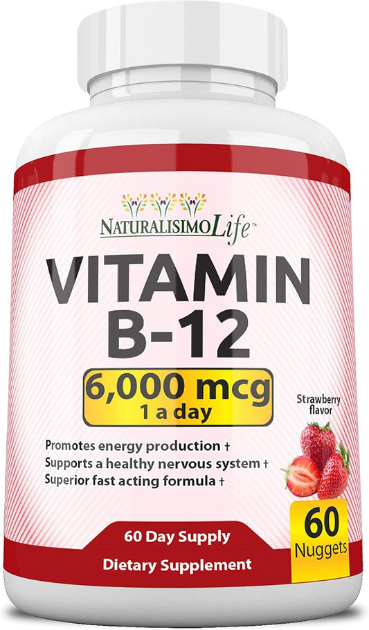 NaturalisimoLife Vitamin B12 6,000 mcg – Quick Dissolve Strawberry Flavor Nuggets – 60 Nuggets, Non-GMO, Vegan, Gluten Free