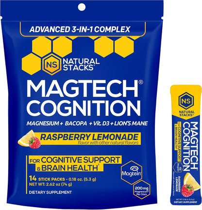 MagTech Magnesium Cognition Powder with Lions Mane and Bacopa, 14 Servings | Magtein L-Threonate, Glycinate and Taurate blend supports focus, mental clarity and brain health. Mix into water daily.
