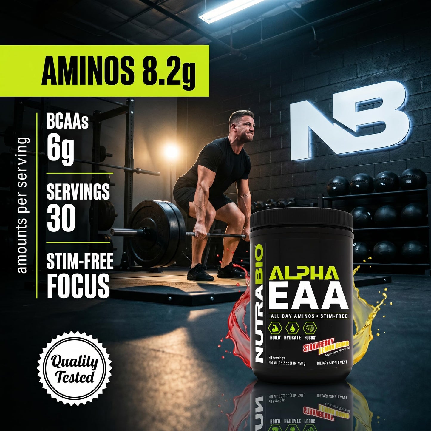 NutraBio Alpha EAA - All-Day Amino Acids for Muscle Growth and Hydration - Essential Amino Acids with Nootropics & Adaptogens- Full Spectrum EAA BCAA Powder - 30 Servings - Strawberry Lemon
