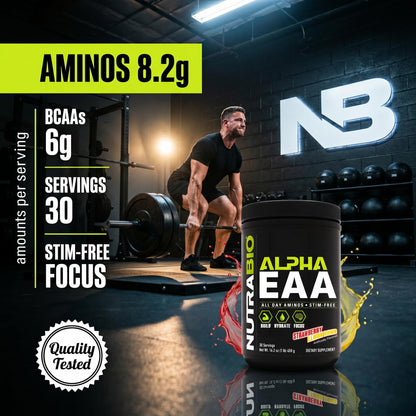 NutraBio Alpha EAA - All-Day Amino Acids for Muscle Growth and Hydration - Essential Amino Acids with Nootropics & Adaptogens- Full Spectrum EAA BCAA Powder - 30 Servings - Strawberry Lemon