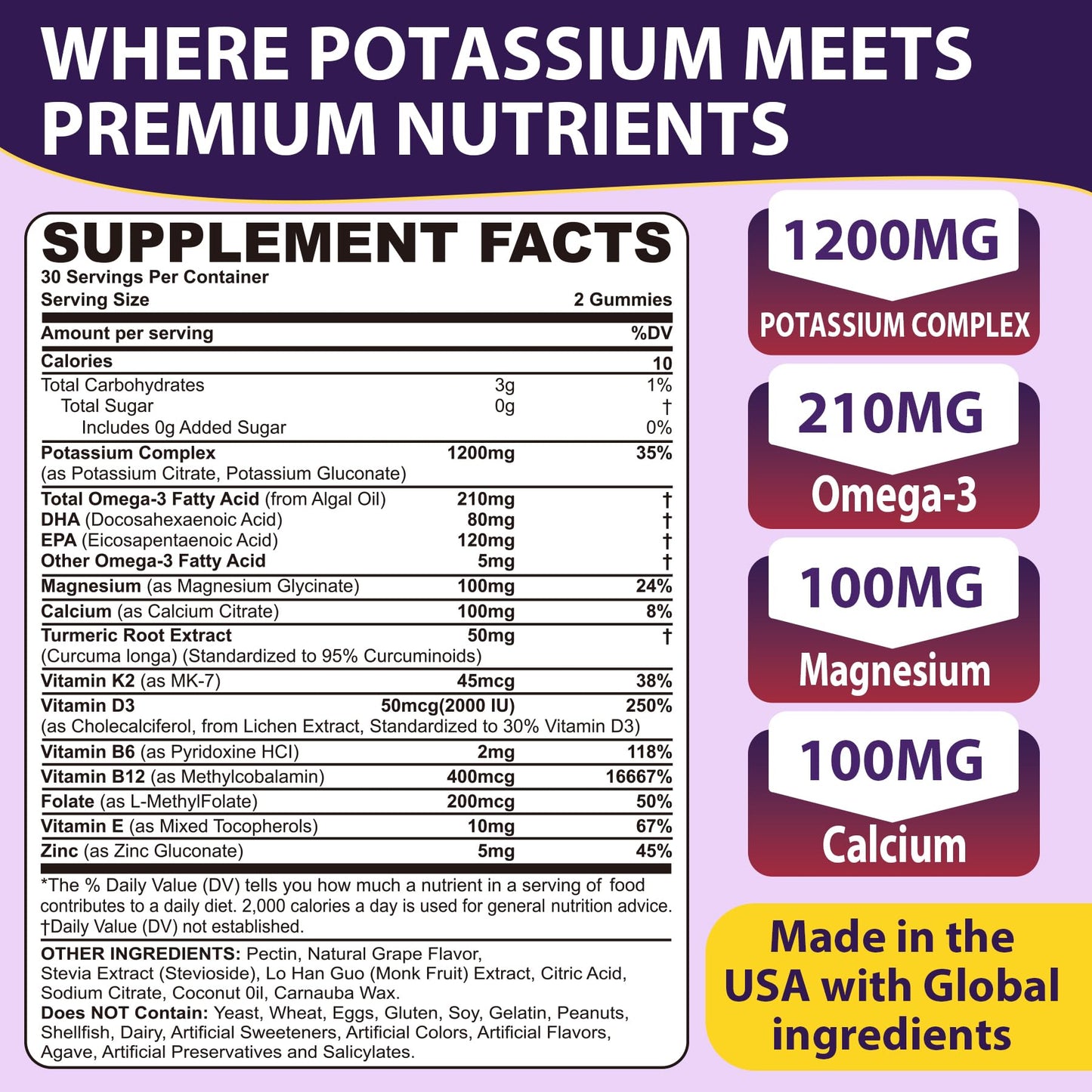 Potassium Citrate and Potassium Gluconate Supplement, 1200mg Two Forms of Potassium Gummies, w/Magnesium, Omega-3, Calcium, Vitamin D3 K2 B12 E B6, Folate for Mṵṣḉḷḙ, Nerves, Health Bones, 120Cts
