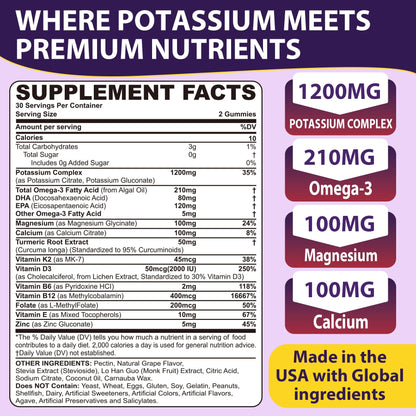 Potassium Citrate and Potassium Gluconate Supplement, 1200mg Two Forms of Potassium Gummies, w/Magnesium, Omega-3, Calcium, Vitamin D3 K2 B12 E B6, Folate for Mṵṣḉḷḙ, Nerves, Health Bones, 120Cts