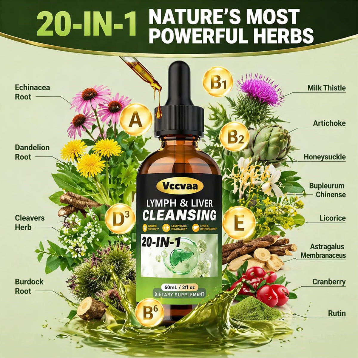 20-in-1 Liposomal Lymphatic Drainage Drops & Liver Cleanse Detox - Fast-Absorbing Lymphatic Support Liquid Drops with Milk Thistle, Dandelion, Burdock & Fucoxanthin, Raspberry, 2 Fl Oz