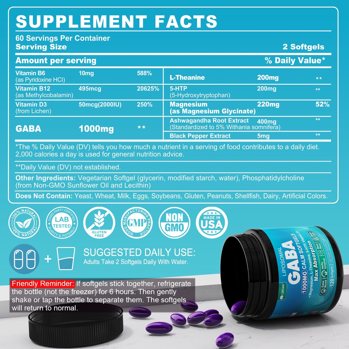 GABA Supplement - 1000 mg Liposomal Form for Optimal Absorption, GABA with L-Theanine, Magnesium Glycinate, 5HTP, Vitamin D3 for Calm, Relaxation, Mood, Restful Night - Melatonin-Free 120 Softgels.