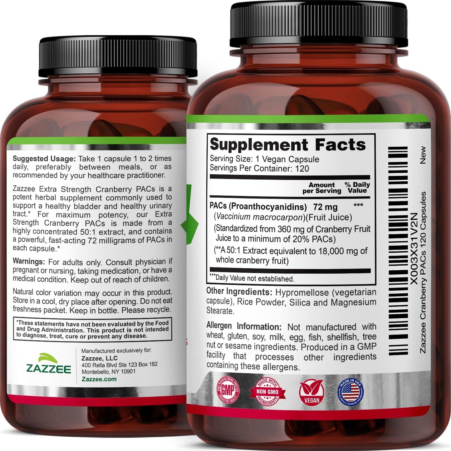 Zazzee Cranberry PACs 72 mg per Capsule, 50:1 Extract, 120 Vegan Capsules, 2X Strength, 4 Month Supply, Fast-Acting, Effective Urinary Tract & Bladder Support, 100% Soluble PACs, Made in the USA