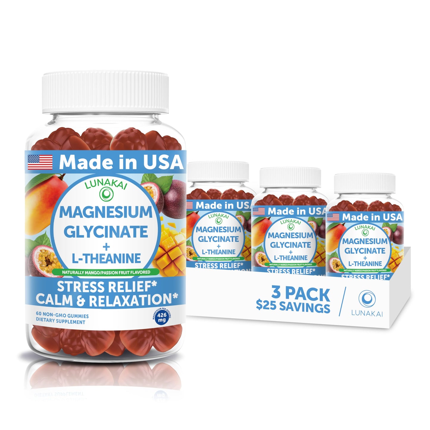 Lunakai USA Made Magnesium Glycinate Gummies with L-Theanine for Kids & Adults – 420mg Magnesium Supplement for Calm, Sleep & Stress Support, 60ct