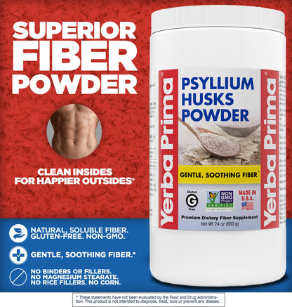 Yerba Prima Psyllium Husk Powder - 24 oz - Fine Ground, Unflavored, Sugar Free - Natural Fiber Supplement - Also for Baking - Contains Both Soluble & Insoluble Bulk for Regularity Support