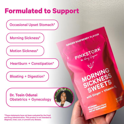 Pink Stork Morning Sickness Sweets Organic Raspberry Ginger, 30 Count | USDA Organic Ginger + Vitamin B6, Motion Sickness Support, Digestive Comfort + Heartburn Support, 30 Wrapped Drops