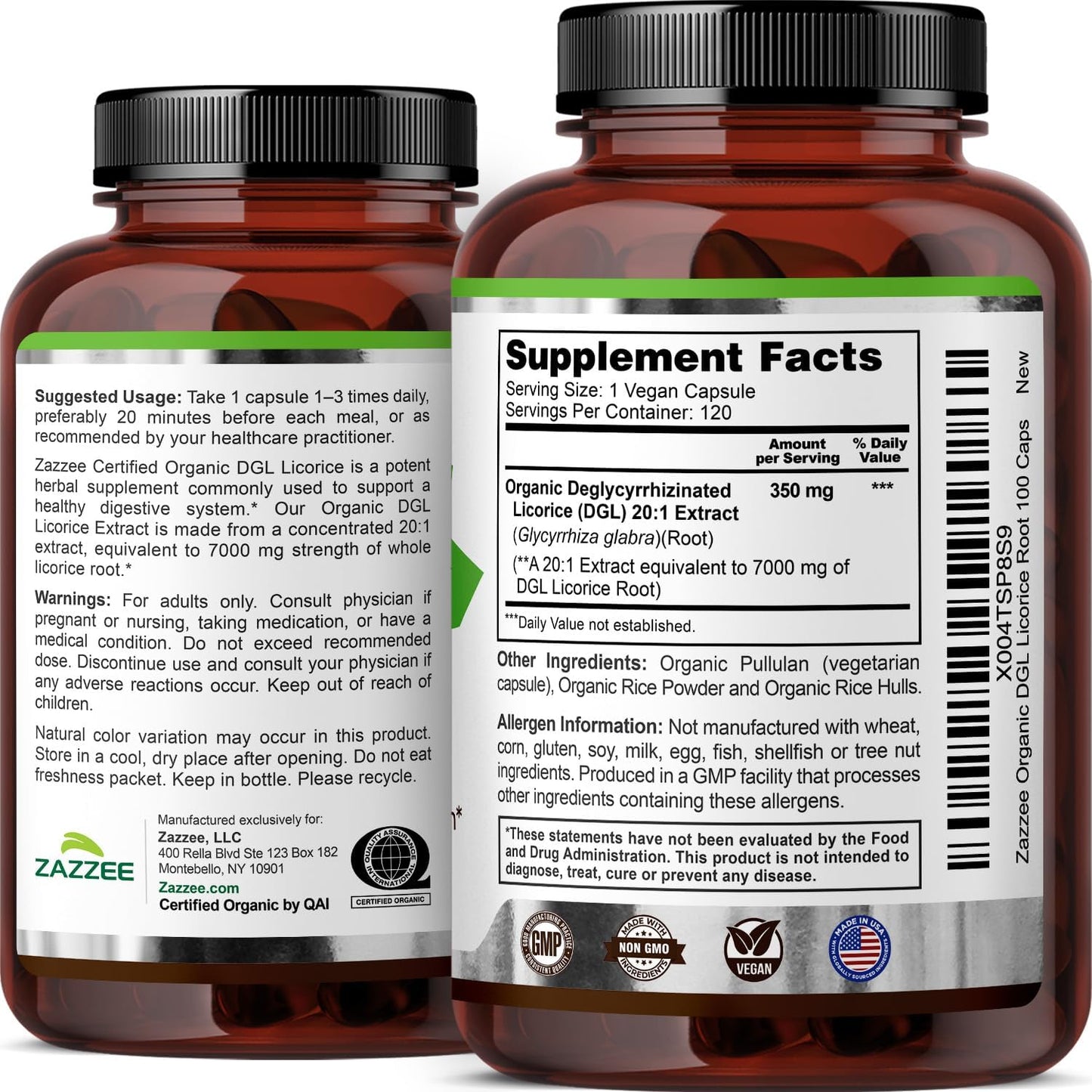 Zazzee USDA Organic DGL Licorice 20:1 Extract, 120 Vegan Capsules, 4 Month Supply, Deglycyrrhizinated Licorice Root, Glycyrrhiza Glabra, Digestive & Stomach Support, All-Natural, Non-GMO, Made in USA