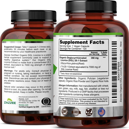 Zazzee USDA Organic DGL Licorice 20:1 Extract, 120 Vegan Capsules, 4 Month Supply, Deglycyrrhizinated Licorice Root, Glycyrrhiza Glabra, Digestive & Stomach Support, All-Natural, Non-GMO, Made in USA