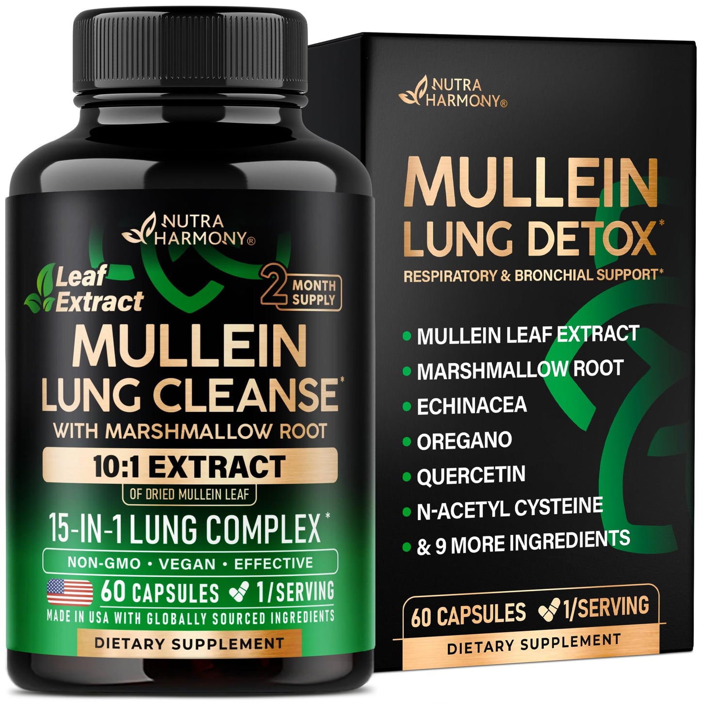 Mullein Lung Detox - Mullein Leaf 10:1 Extract - Marshmallow Root | Echinacea | Oregano | Quercetin | NAC - 15-in-1 Lung Support & Cleanse for Smokers Supplement - for Women & Men - 60 Vegan Capsules