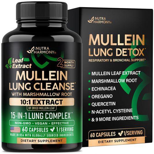 Mullein Lung Detox - Mullein Leaf 10:1 Extract - Marshmallow Root | Echinacea | Oregano | Quercetin | NAC - 15-in-1 Lung Support & Cleanse for Smokers Supplement - for Women & Men - 60 Vegan Capsules