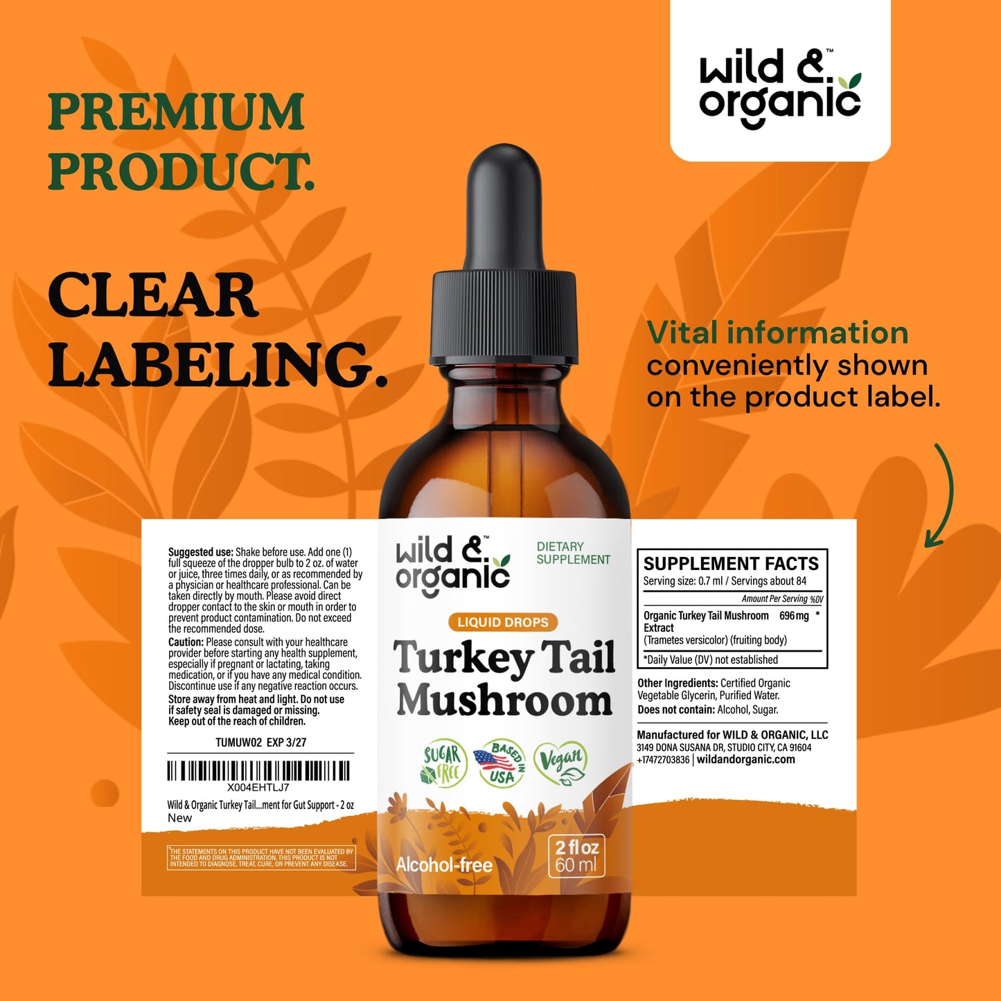 Wild & Organic Turkey Tail Mushroom Tincture - Immune Support Drops with Turkey Tail Extract - Liquid Mushroom Supplement for Gut Support - Vegan, Sugar & Alcohol-Free - 4 fl oz