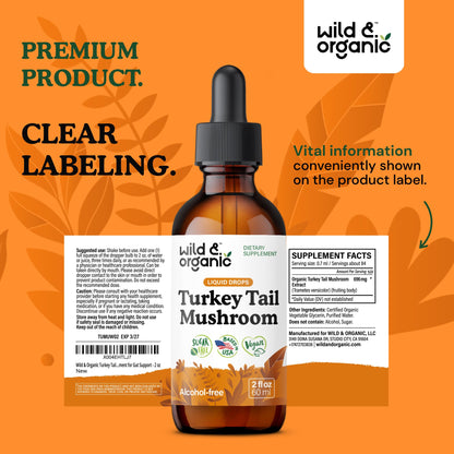 Wild & Organic Turkey Tail Mushroom Tincture - Immune Support Drops with Turkey Tail Extract - Liquid Mushroom Supplement for Gut Support - Vegan, Sugar & Alcohol-Free - 4 fl oz