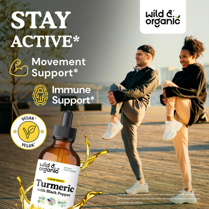 Wild & Organic Turmeric Supplement Liquid Drops - Movement & Immune Support - Liquid Turmeric with Black Pepper Extract - Add to Tea Tincture - Curcumin Supplements - Sugar & Alcohol-Free - 4 fl oz