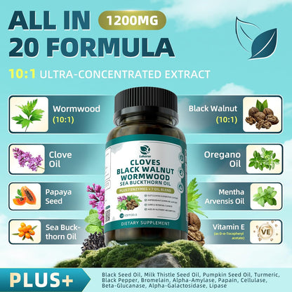 Wormwood Black Walnut Clove Cleanse for Humans Softgels | 20-in-1 Extra Strength | Gut Cleanse & Digestive Health w/ 7 Oils & 7 Enzymes| Concentrated, Men & Women Natural Herb -120 CT