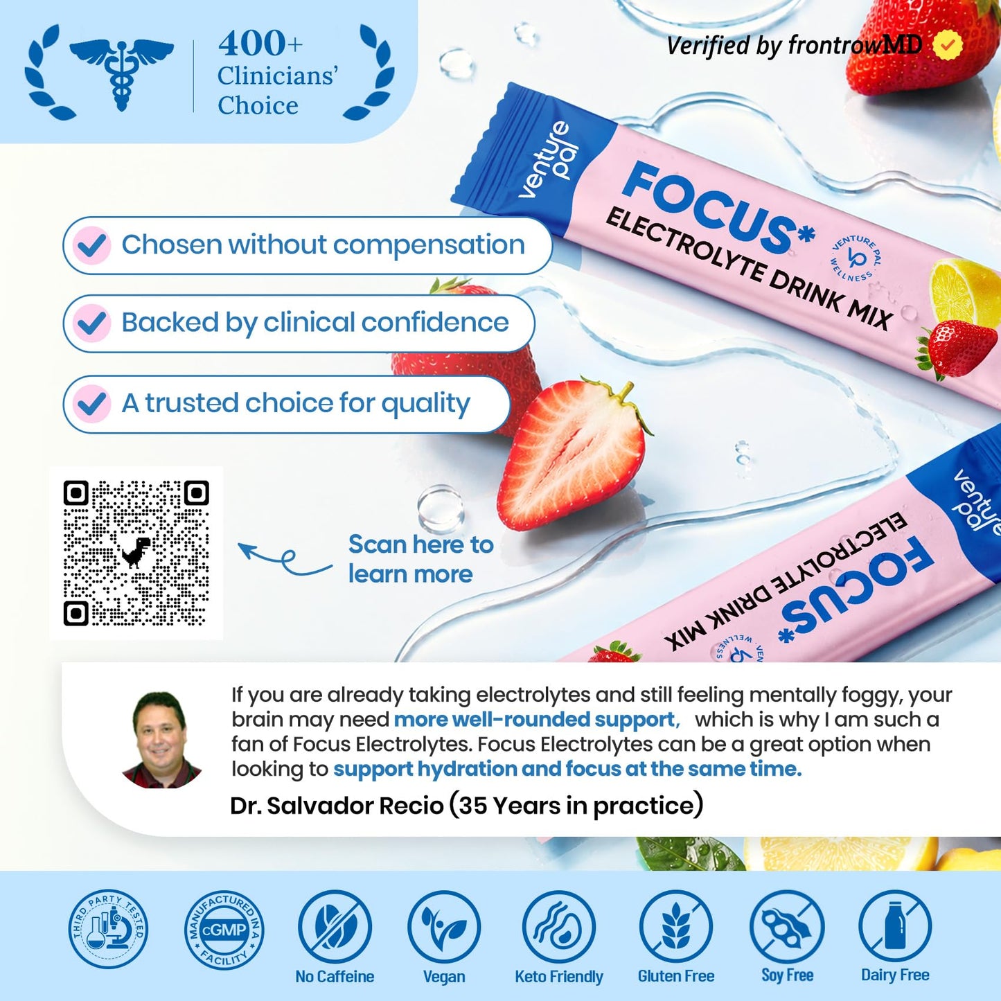 Venture Pal Sugar Free Hydration + Focus Electrolyte Packets, 16 Sticks | 7 Electrolytes + Vitamins, Magnesium, Lion's Mane & Ashwagandha, Boost Clarity & Energy, Electrolytes Powder, Vegan, Keto