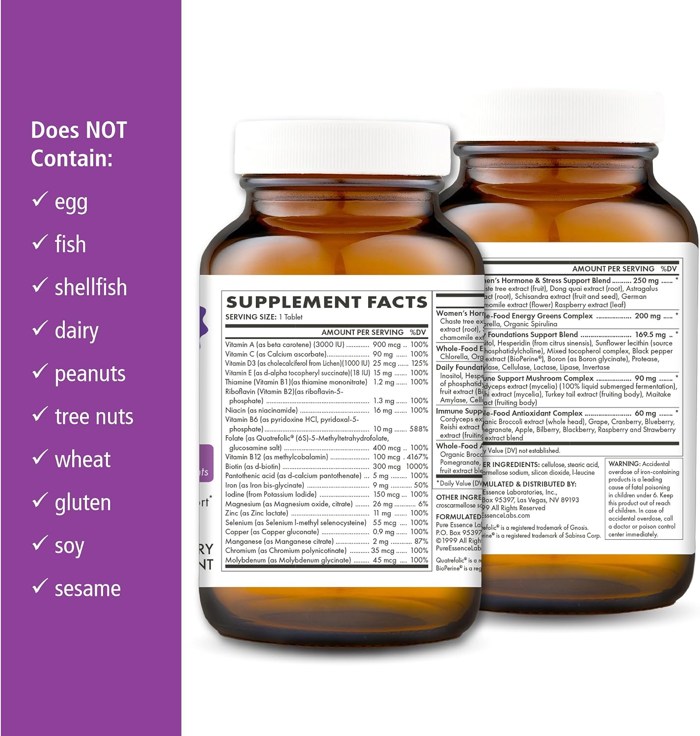PURE ESSENCE LABS One N Only Multivitamin for Women, Natural One a Day Herbal Supplement with Vitamin D3, B12, and Biotin with Whole Foods, 30 Tablets