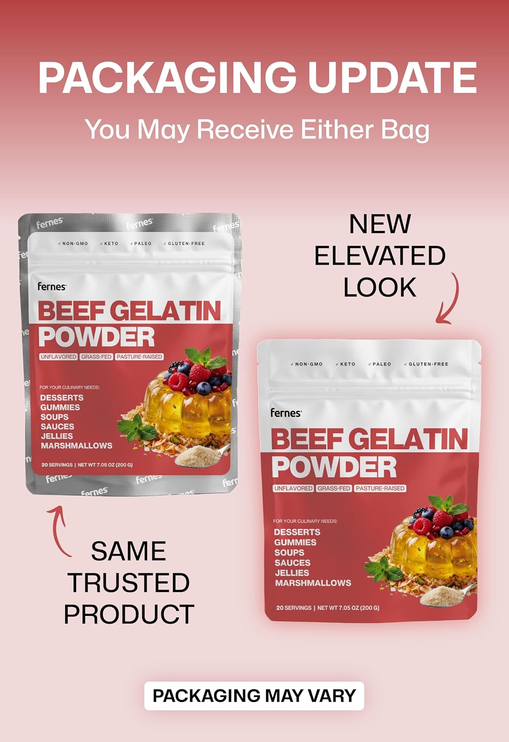 Fernes Beef Gelatin Powder Unflavored - Grass-Fed & Pasture-Raised, 225 Bloom Thickening Agent for Gummies, Marshmallows, Jellies, Desserts & Baking - Keto, Paleo, Non-GMO, Kosher, Gluten-Free, 7 oz