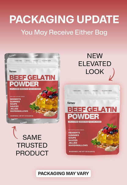 Fernes Beef Gelatin Powder Unflavored - Grass-Fed & Pasture-Raised, 225 Bloom Thickening Agent for Gummies, Marshmallows, Jellies, Desserts & Baking - Keto, Paleo, Non-GMO, Kosher, Gluten-Free, 7 oz