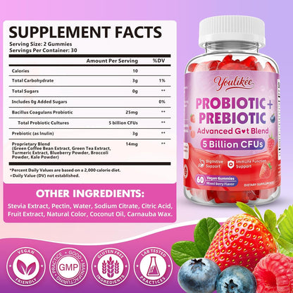 2 Pack Prebiotic + Probiotic Gummies, 5 Billion CFUs with Fibers | Probiotic Gummies for Gut Health Support, Vegan, Sugar-Free, 120 Count