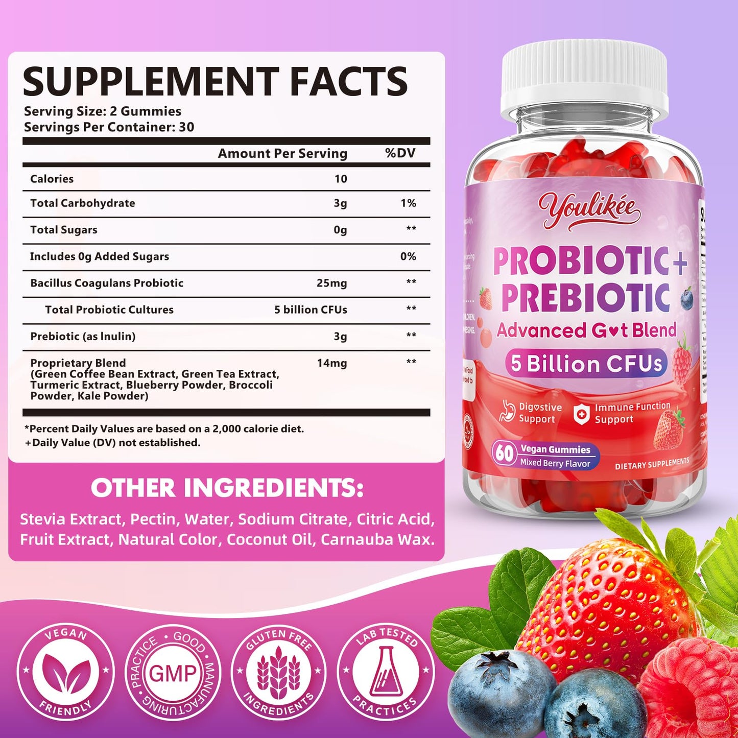2 Pack Prebiotic + Probiotic Gummies, 5 Billion CFUs with Fibers | Probiotic Gummies for Gut Health Support, Vegan, Sugar-Free, 120 Count