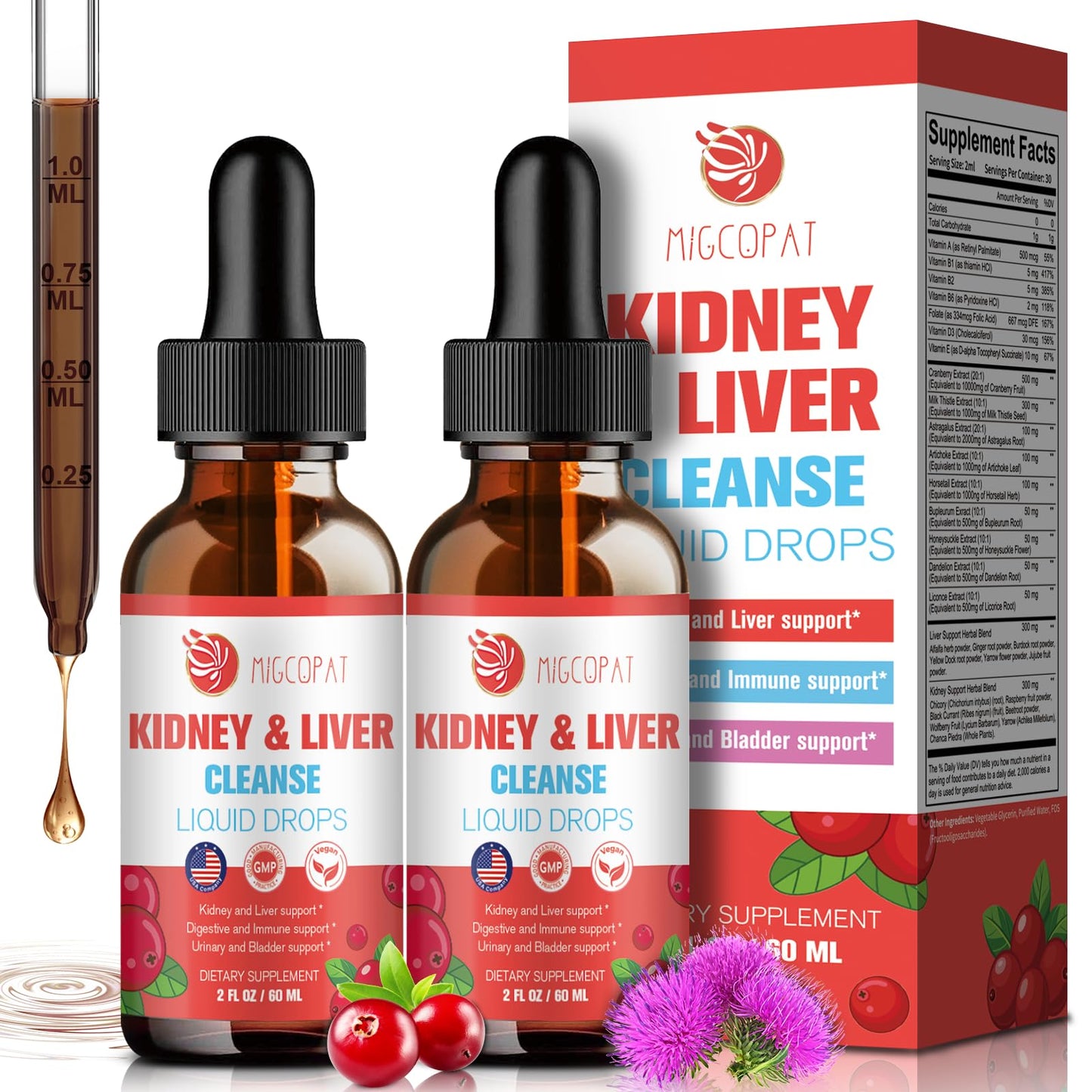 Kidney and Liver Cleanse Detox & Repair Drops, Cranberry and Milk Thistle Supplement with Artichoke, Astragalus, Horsetail – Natural Herbal for Liver, Kidney, Urinary Tract, Bladder, 60ml