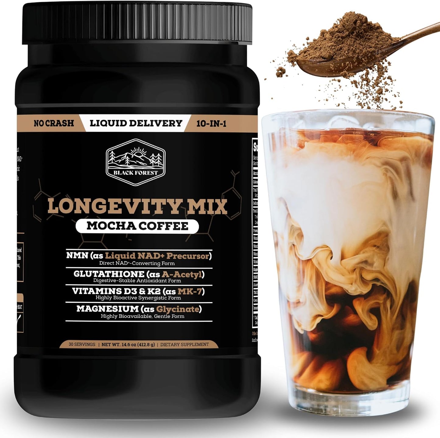 Black Forest Longevity Mix Liquid NAD+ Alternative Mocha Coffee 10-in-1 with NMN 250mg, Glutathione 250mg, TMG, Magnesium Glycinate, Vitamins D3 K2 C B12, High Polyphenol Cocoa, 30 Servings
