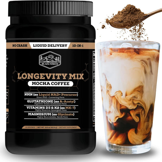 Black Forest Longevity Mix Liquid NAD+ Alternative Mocha Coffee 10-in-1 with NMN 250mg, Glutathione 250mg, TMG, Magnesium Glycinate, Vitamins D3 K2 C B12, High Polyphenol Cocoa, 30 Servings