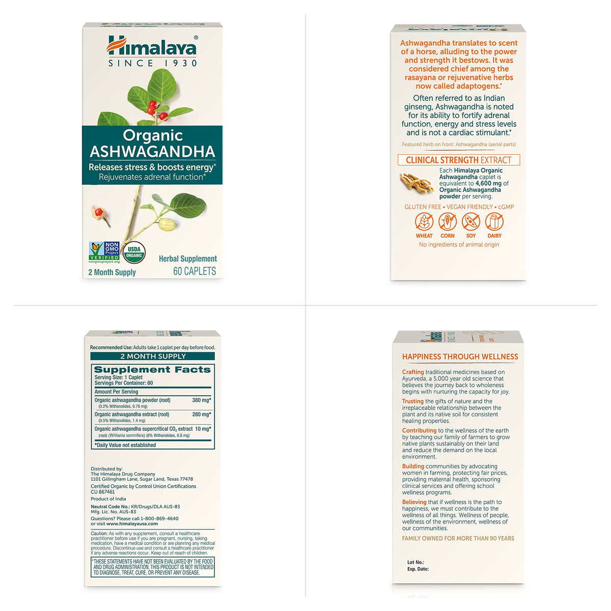 Himalaya USDA Organic Ashwagandha Root, 670 mg, 60 Day Supply, 60 Caplets