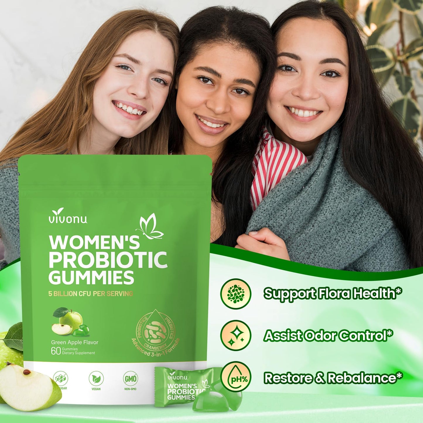 VivoNu Viginal Probiotic for Women, Women Probiotic Gummies, Feminine Balance Gummies, Green Apple Probiotics for Woman Vaginigal Health, Yeast Ph Balance