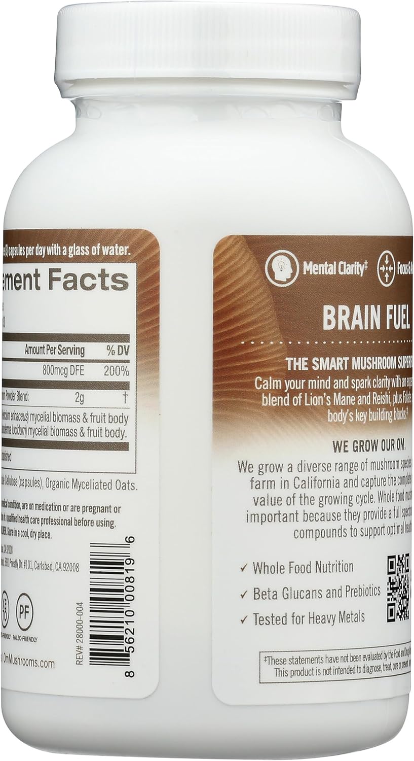 OM MUSHROOM SUPERFOOD Brain Fuel Mushroom Powder Capsules Superfood Supplement, 90 Count, 30 Days, Lion's Mane, Reishi Blend Plus Folate, Mental Clarity, Mushroom Supplement