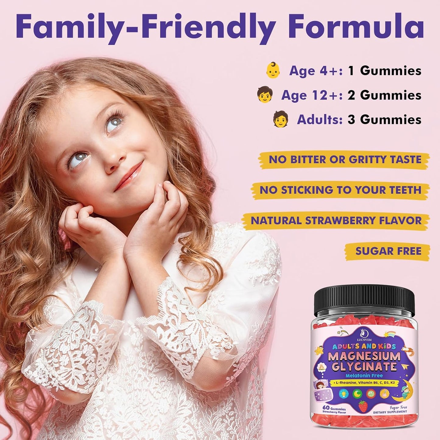 Magnesium Glycinate Gummies for Kids 4+ & Adults- Magnesium Glycinate 150/300 mg for Natural Sleep, Relaxation & Calm Support, Melatonin Free, Sugar Free Strawberry Flavor, 60 Ct