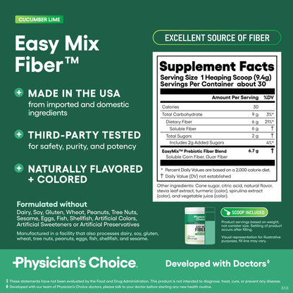 Physician's CHOICE Easy Mix Fiber for GLP-1 Support - No Grit & Sugar Free - Daily Prebiotic Soluble Fiber Powder Supplement - Digestive Health & Regularity - for Women and Men - Unflavored - 7.1oz
