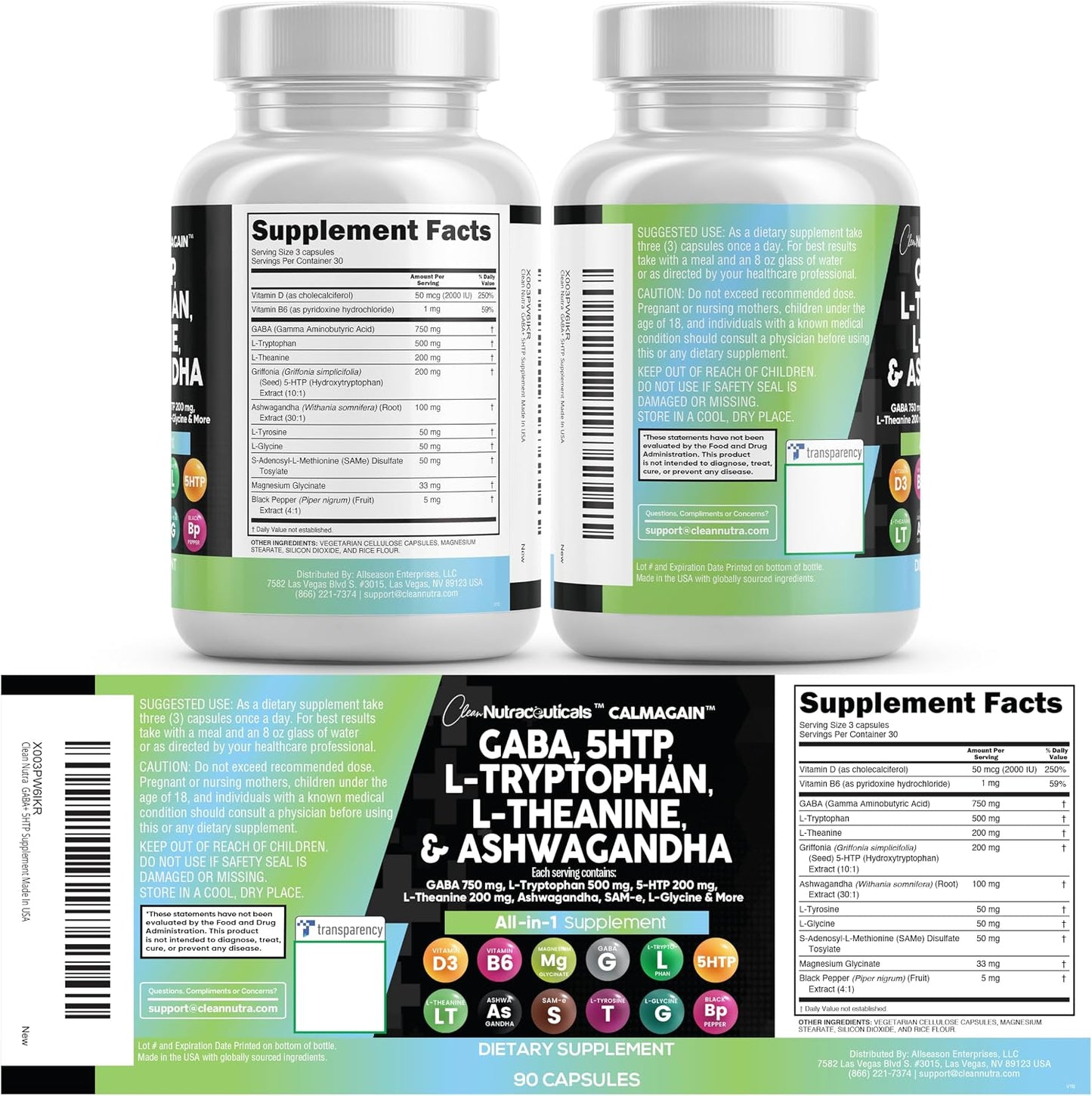 Clean Nutraceuticals GABA 750mg 5 HTP 200mg L Tryptophan 500mg L Theanine 200mg Ashwagandha SAM-e L-Glycine - Mood Support Vitamins for Women and Men with L-Tyrosine 5-HTP (5-Hydroxytryptophan)