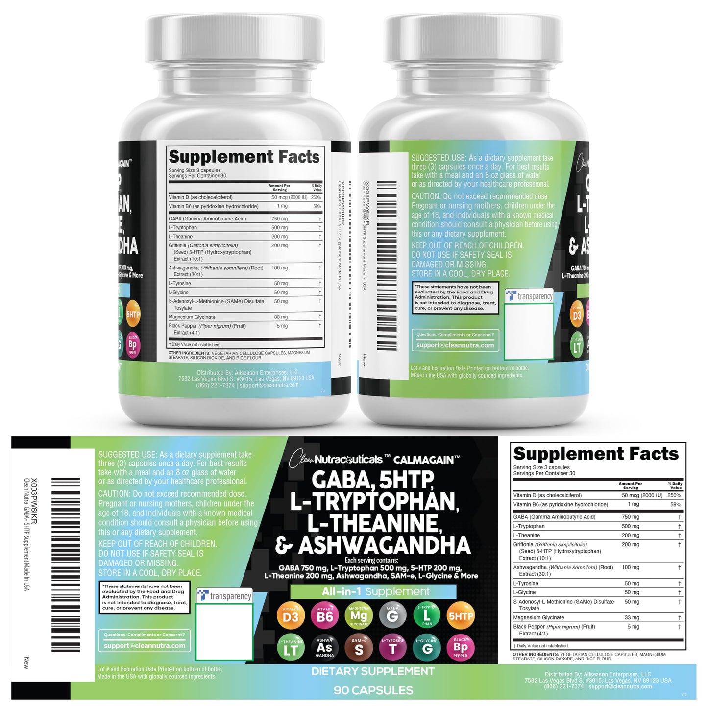 Clean Nutraceuticals GABA 750mg 5 HTP 200mg L Tryptophan 500mg L Theanine 200mg Ashwagandha SAM-e L-Glycine - Mood Support Vitamins for Women and Men with L-Tyrosine 5-HTP (5-Hydroxytryptophan)
