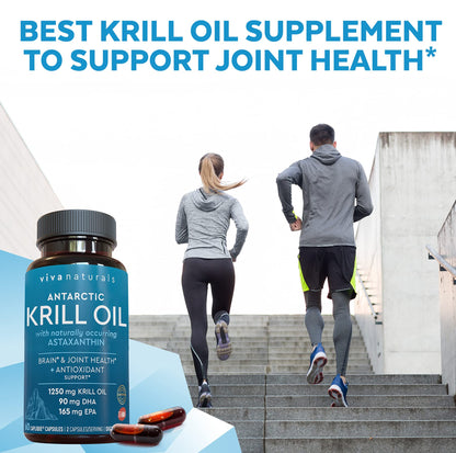 Viva Naturals Antarctic Krill Oil Omega 3 Supplements 1250 mg - DHA EPA Omega-3 & Astaxanthin Concentration for Joint Health, No Fish Burp - 60 Krill Oil Capsules