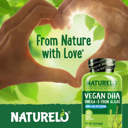 NATURELO Vegan DHA, Vegan Omega 3 Supplement, 120 Softgels, Supports Brain/Heart/Eye Health, Complements Prenatal Vitamins, Essential Fatty Acids, Omega 3 Supplement for Women & Men