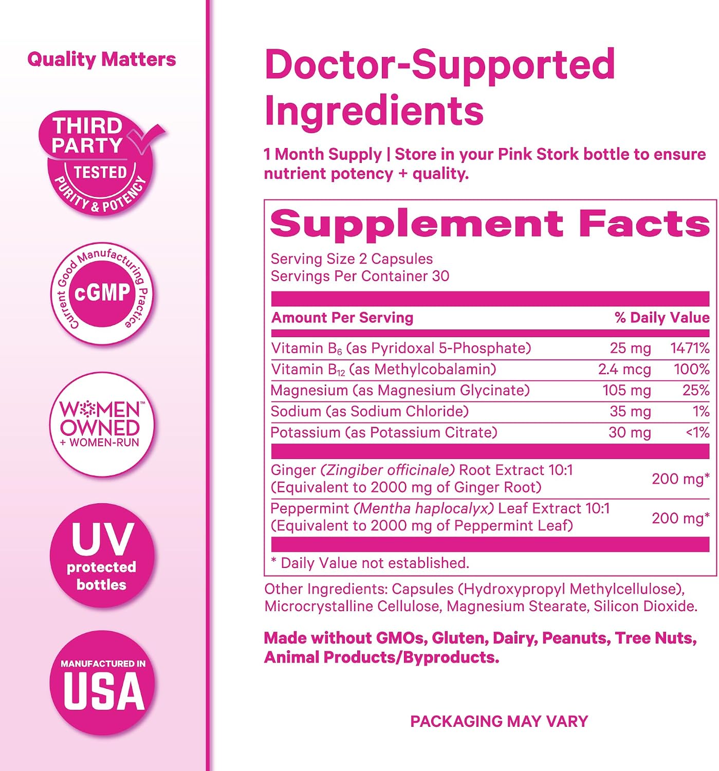 Pink Stork Vitamin B6, Ginger, Electrolyte Capsule, 60ct | Motion Sickness, +GLP-1 Support, Natural Digestive Support with Peppermint, Potassium, Magnesium, Gentle on the Stomach