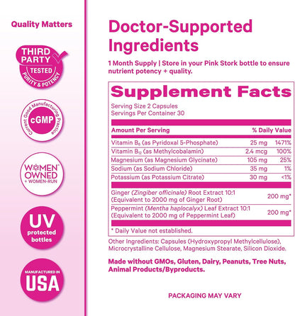 Pink Stork Vitamin B6, Ginger, Electrolyte Capsule, 60ct | Motion Sickness, +GLP-1 Support, Natural Digestive Support with Peppermint, Potassium, Magnesium, Gentle on the Stomach