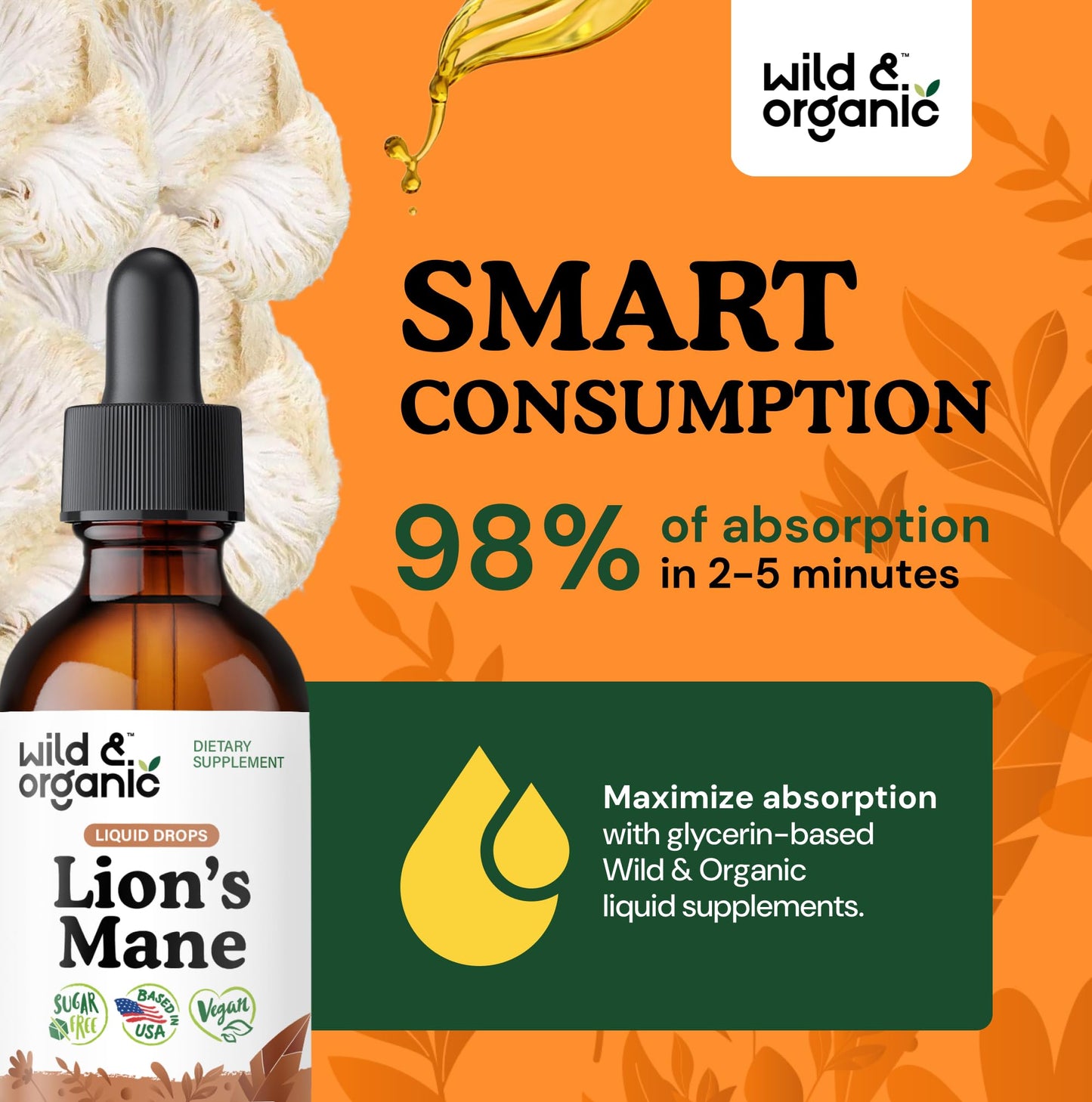 Wild & Organic Lions Mane Liquid Drops - Brain & Focus Support - Lion's Mane Mushroom Supplement - Hericium Erinaceus Mushroom Drops - Mix with Powder - Sugar & Alcohol-Free Extract Tincture - 4 oz