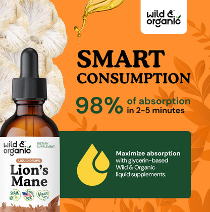 Wild & Organic Lions Mane Liquid Drops - Brain & Focus Support - Lion's Mane Mushroom Supplement - Hericium Erinaceus Mushroom Drops - Mix with Powder - Sugar & Alcohol-Free Extract Tincture - 4 oz