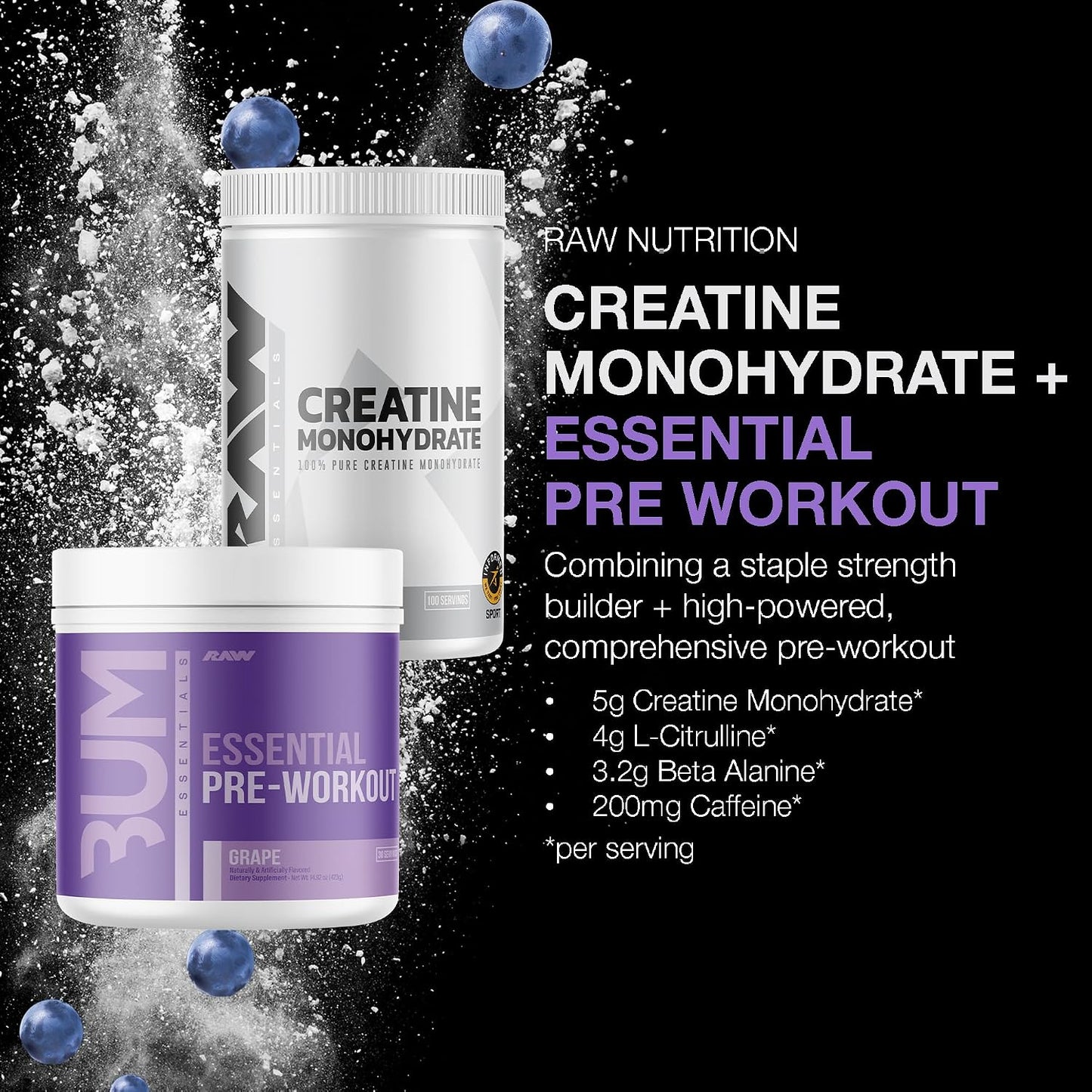 RAW Nutrition Creatine Monohydrate & Grape Pre-Workout Powder Bundle