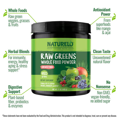 NATURELO Raw Greens Superfood Powder 480 Grams, Mixed Berry - Supports Energy, Immunity and Detox - Includes Spirulina, Wheat Grass and Organic Greens for Whole Food Nutrition