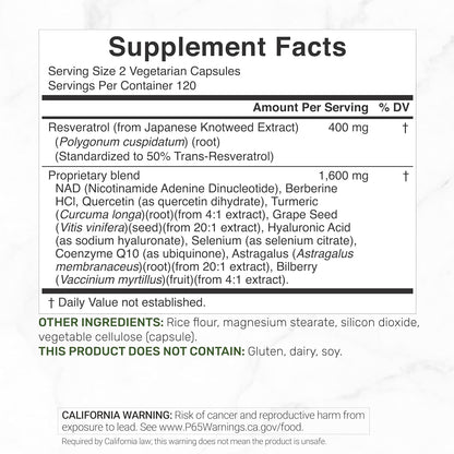 DEAL SUPPLEMENT Resveratrol Complex, 240 Veggie Capsules – Trans-Resveratrol Supplement with NAD, Quercetin, Turmeric, CoQ10, & More | Non-GMO, Gluten Free